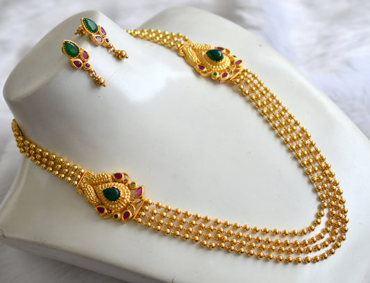 Gold tone multilayer ruby-emerald mugappu necklace set dj-03329