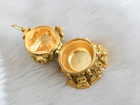 Antique gold tone kemp-green Temple design Kumkum box dj-40168