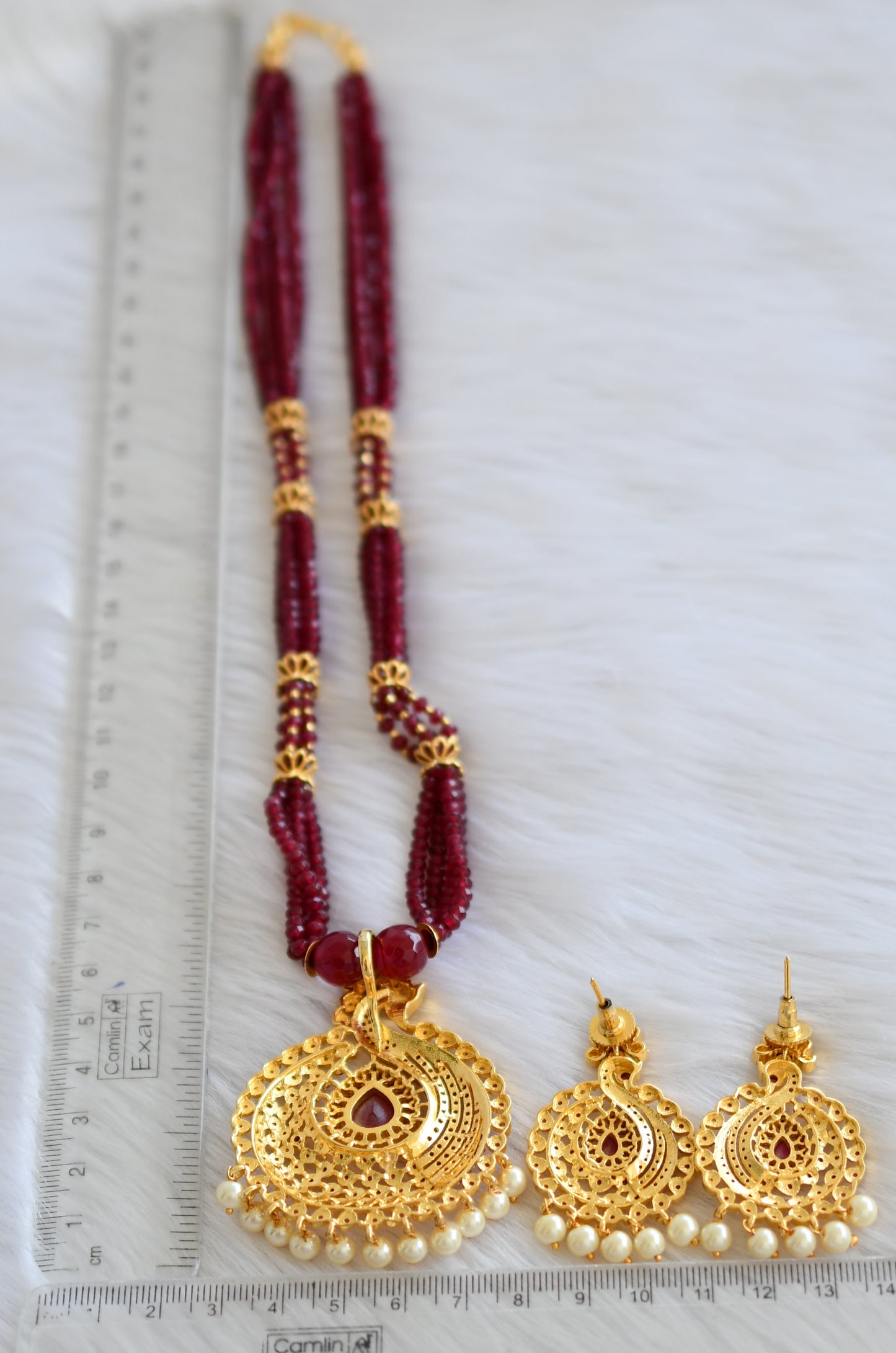 Gold tone cz ruby peacock beaded necklace set dj-19587
