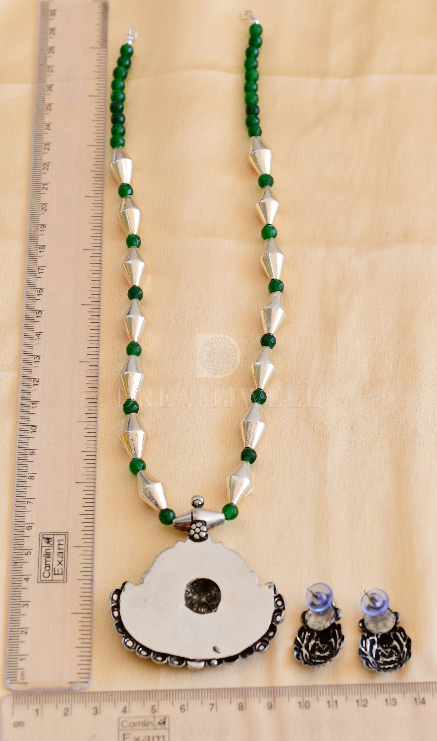 Sliver tone Lakshmi green agates necklace set dj-35689