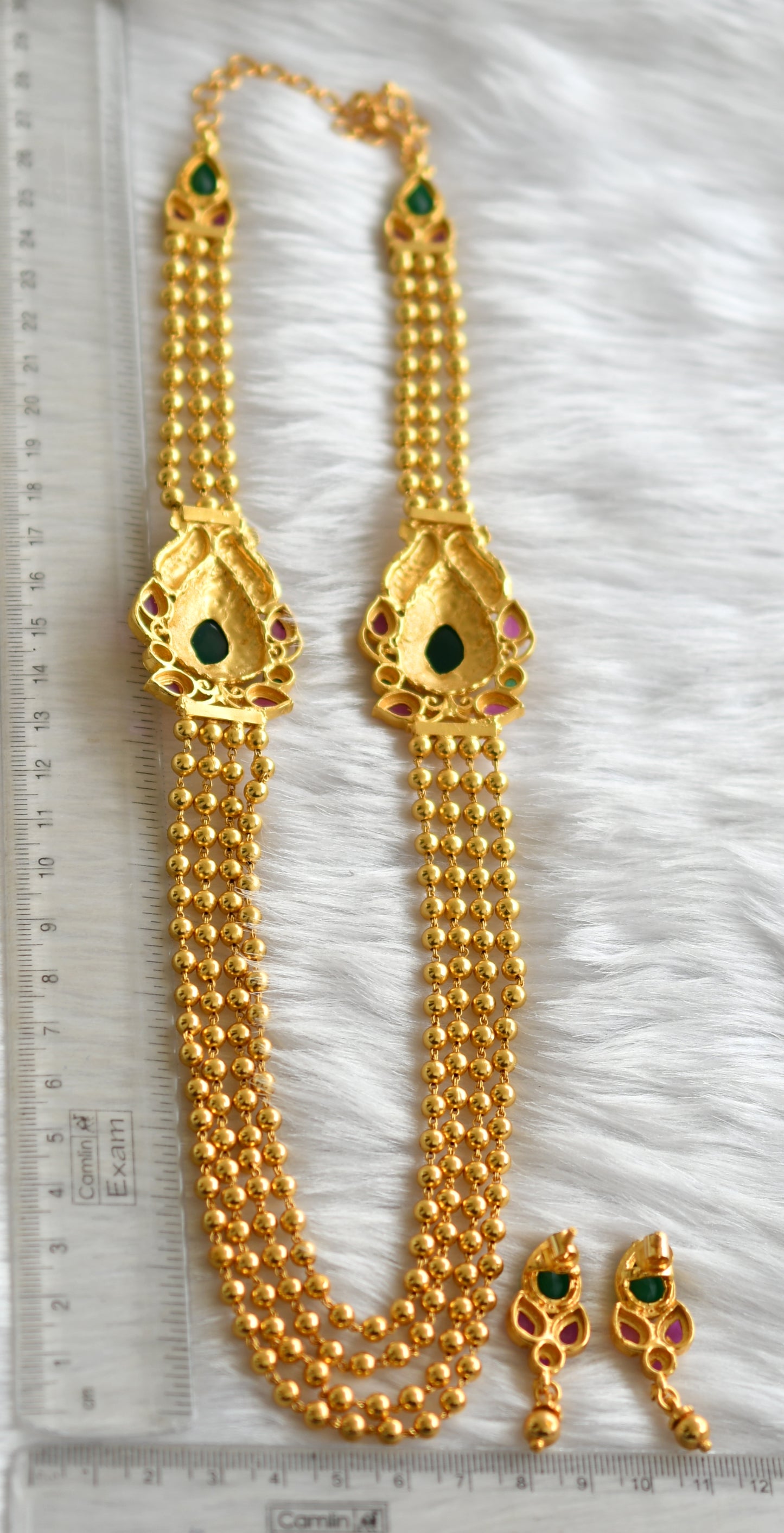 Gold tone multilayer ruby-emerald mugappu necklace set dj-03329