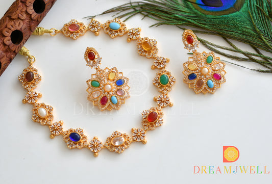 Gold Tone Cz Navarathna Flower necklace set dj-32765