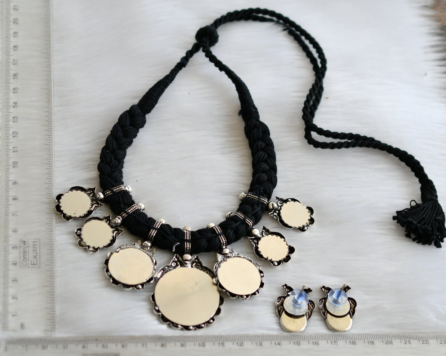 Silver tone blue stone peacock-Greps black thread necklace set dj-40177