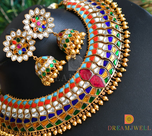 Antique Gold Look Alike Navarathna Jadau Kundan Replica Designer Necklace Set dj-33251