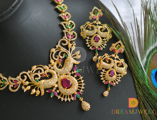 Gold tone cz-ruby-emerald-white bridal peacock necklace set dj-05810