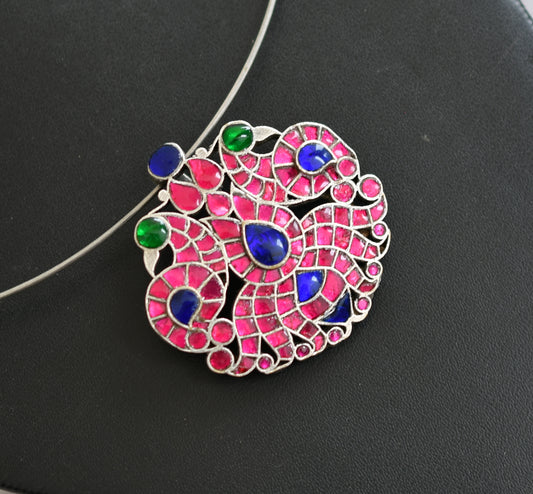 Silver tone pink-green-blue kundan jadau peacock hasli necklace dj-40196