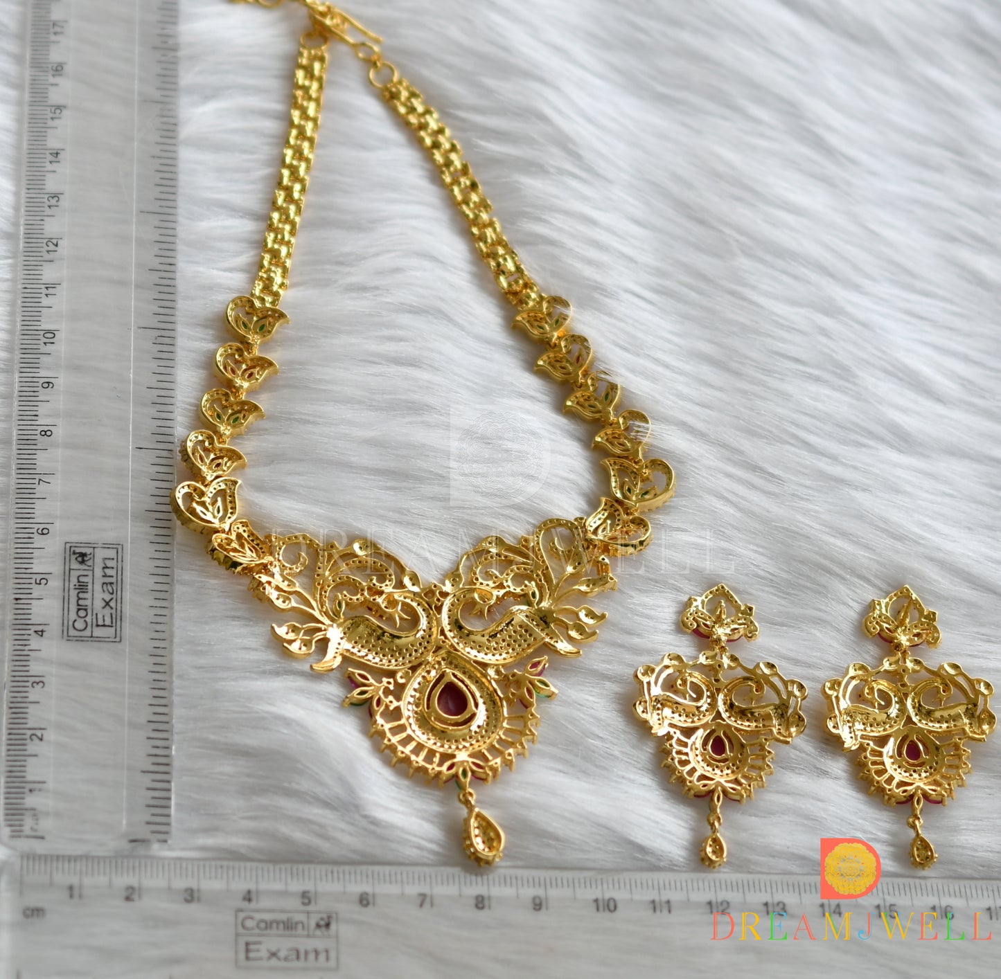 Gold tone cz-ruby-emerald-white bridal peacock necklace set dj-05810