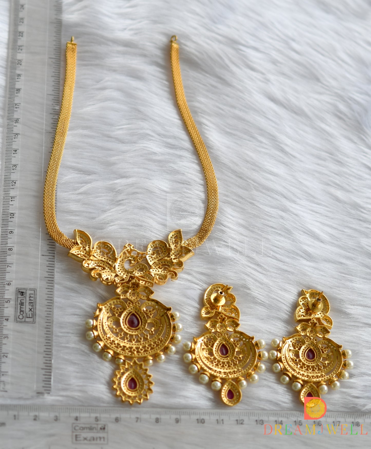 Gold tone cz-ruby pearl peacock necklace set dj-03770