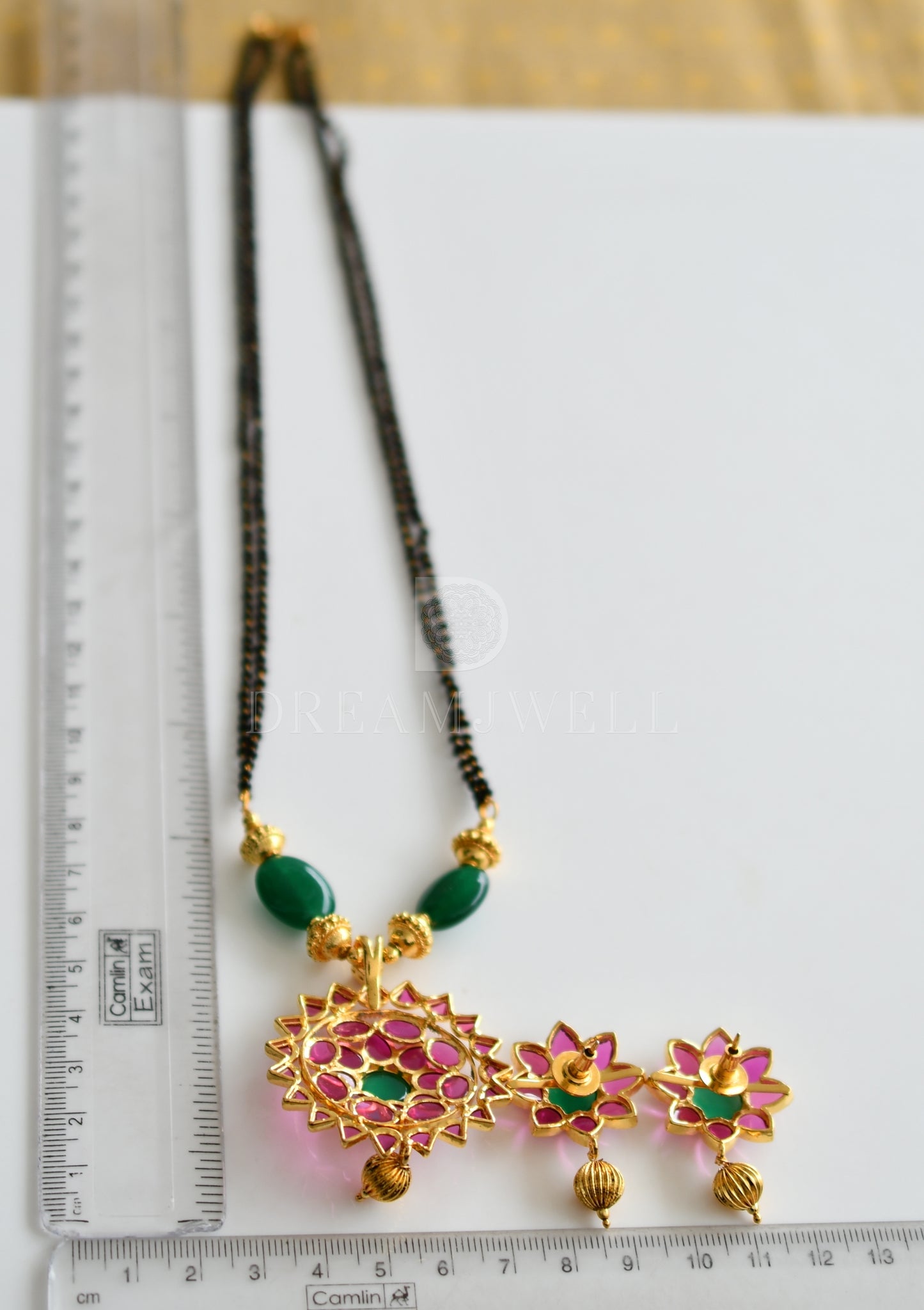 Gold Tone Uncut Ruby-emerald Mangalsutra set dj-12153