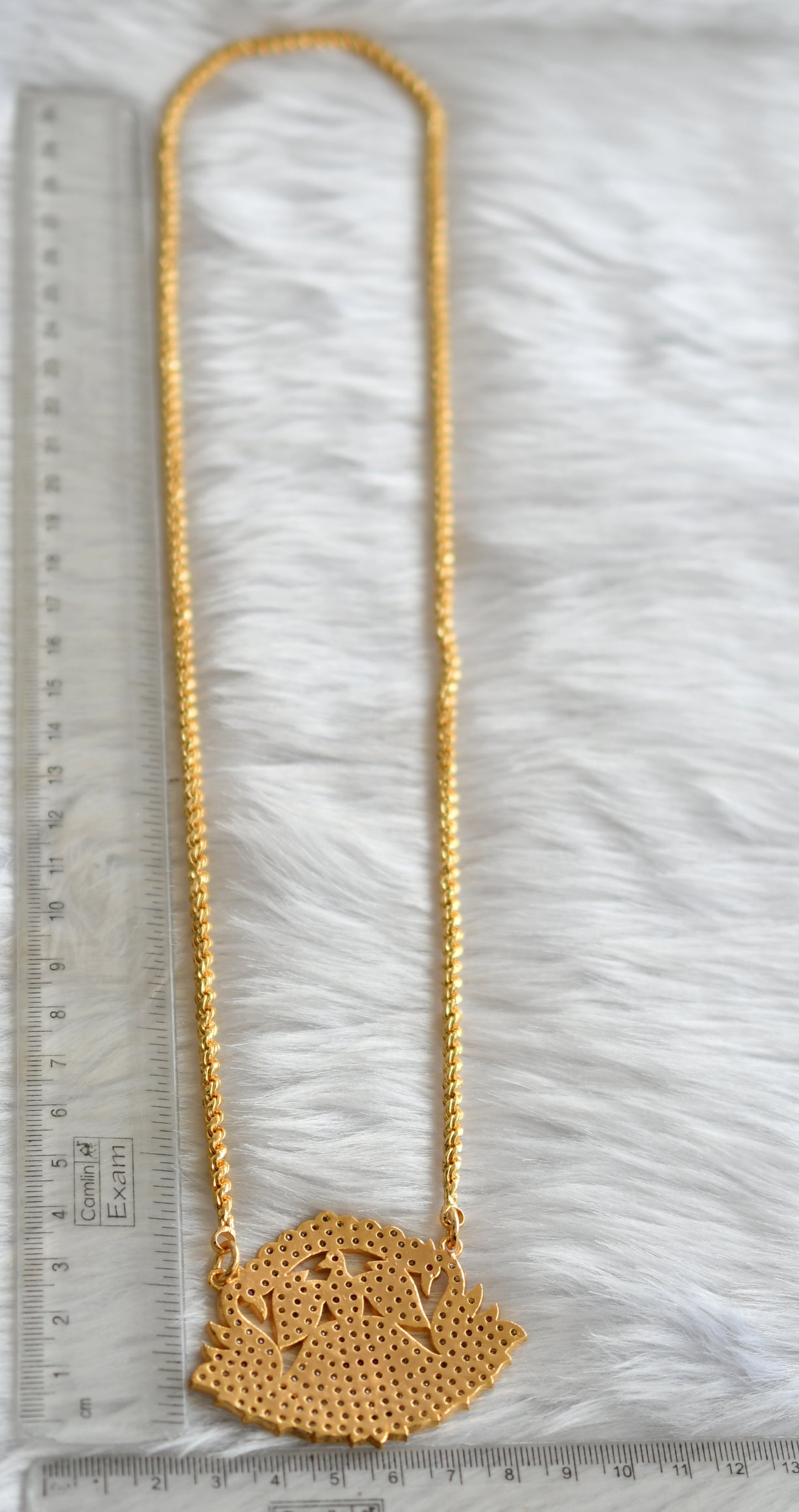 Gold tone ruby-emerald-white south Indian style swan pendant with chain dj-38786