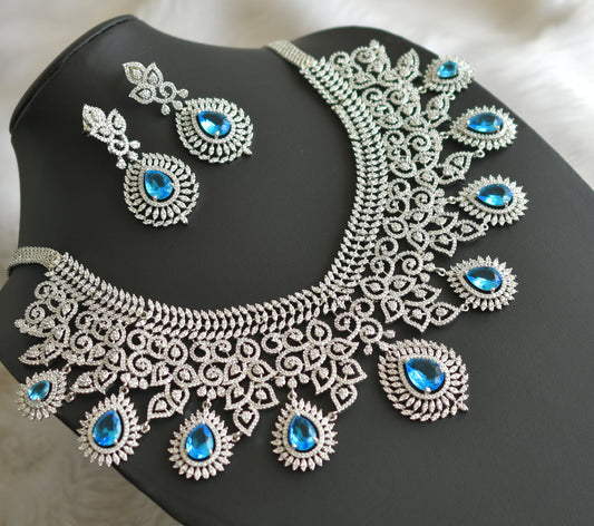 Silver tone cz white-sky blue stone bridal necklace set dj-41487