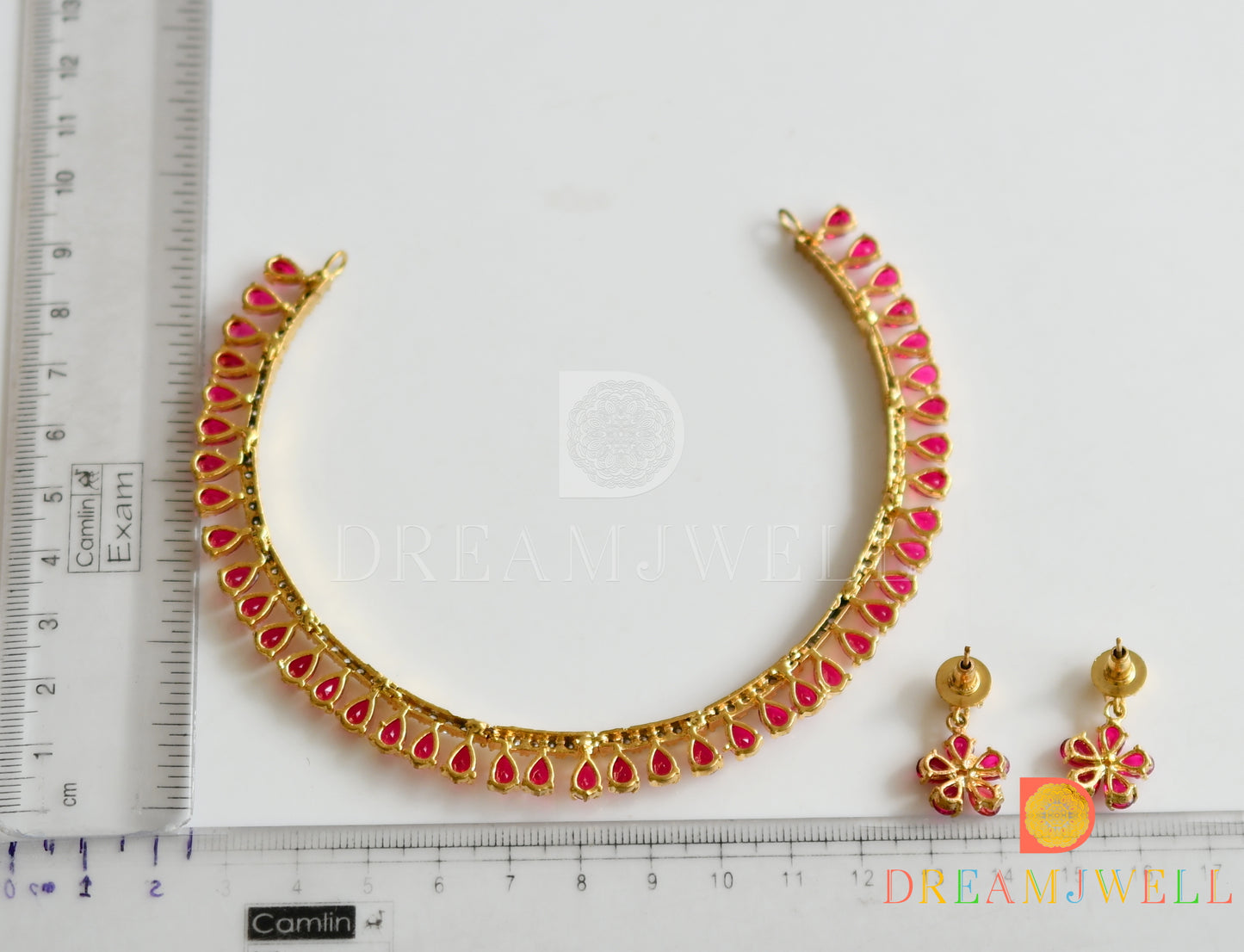 Gold tone cz dark pink flower necklace set dj-15256