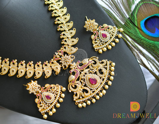 Gold tone ruby pearl peacock necklace set dj-03765