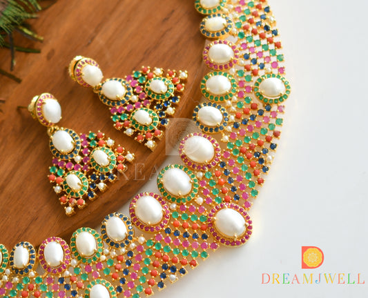 Gold tone Cz Navarathna semi precious designer necklace set dj-18325