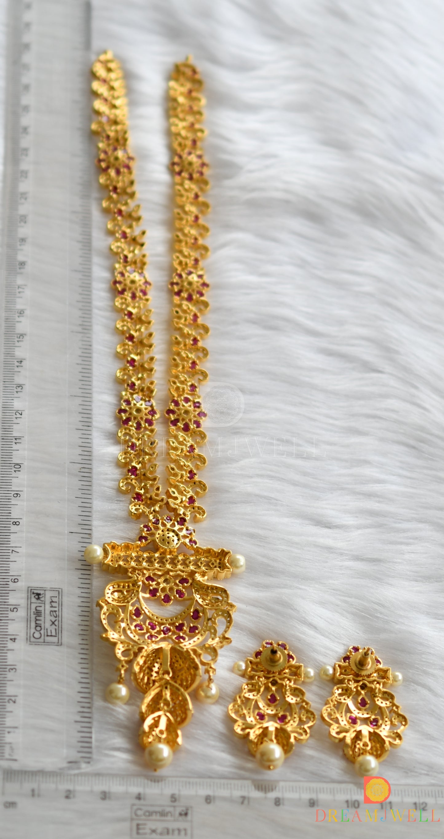 Gold tone cz Kemp-green pearl jhumkka pendant haar set dj-11458