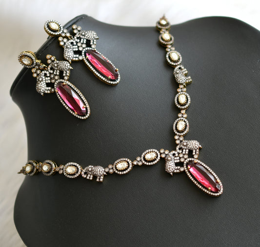 Antique cz Magenta pink victorian Elephant necklace set dj-41504