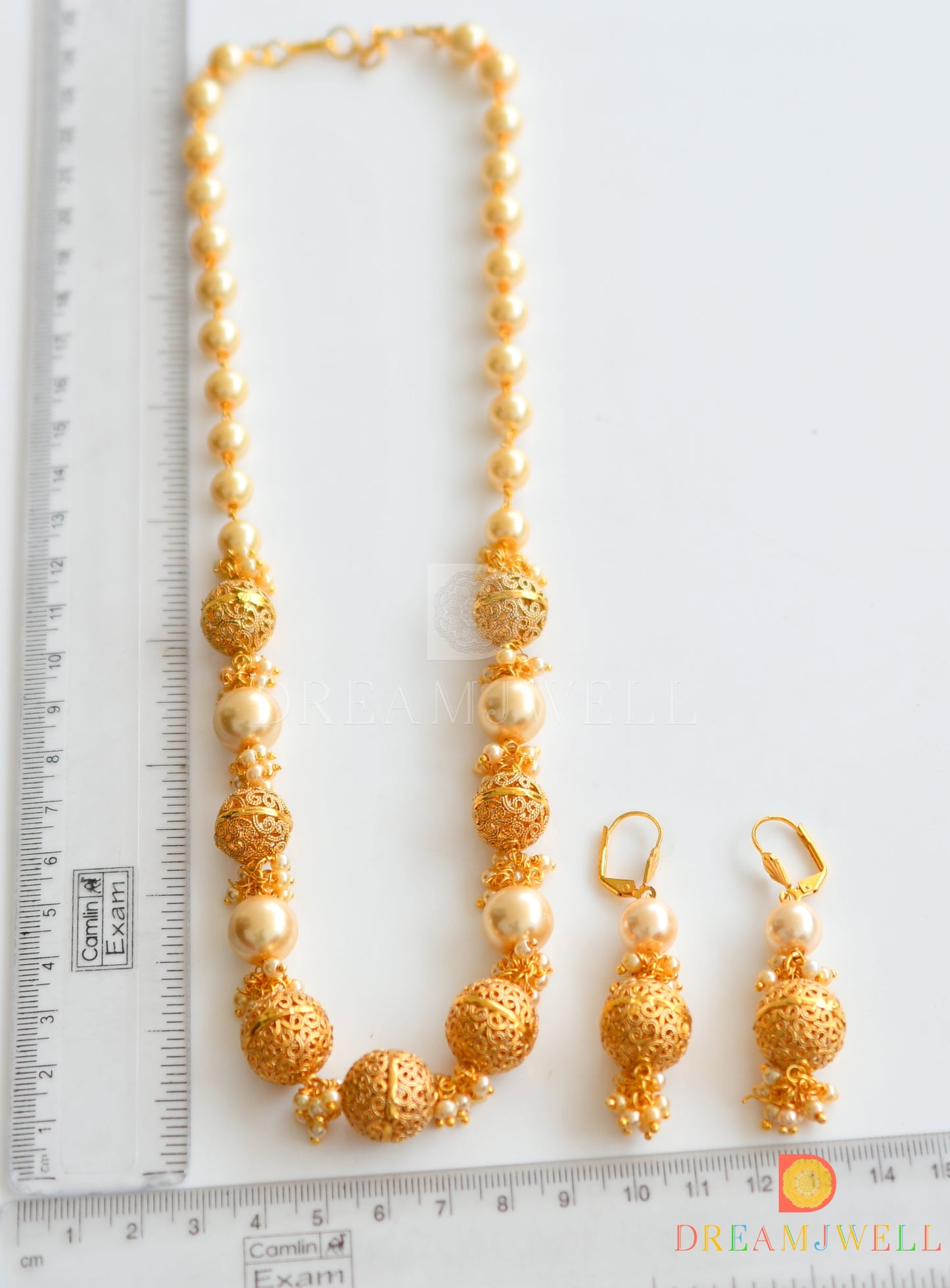 Antique gold tone pearl beaded necklace set dj-06051