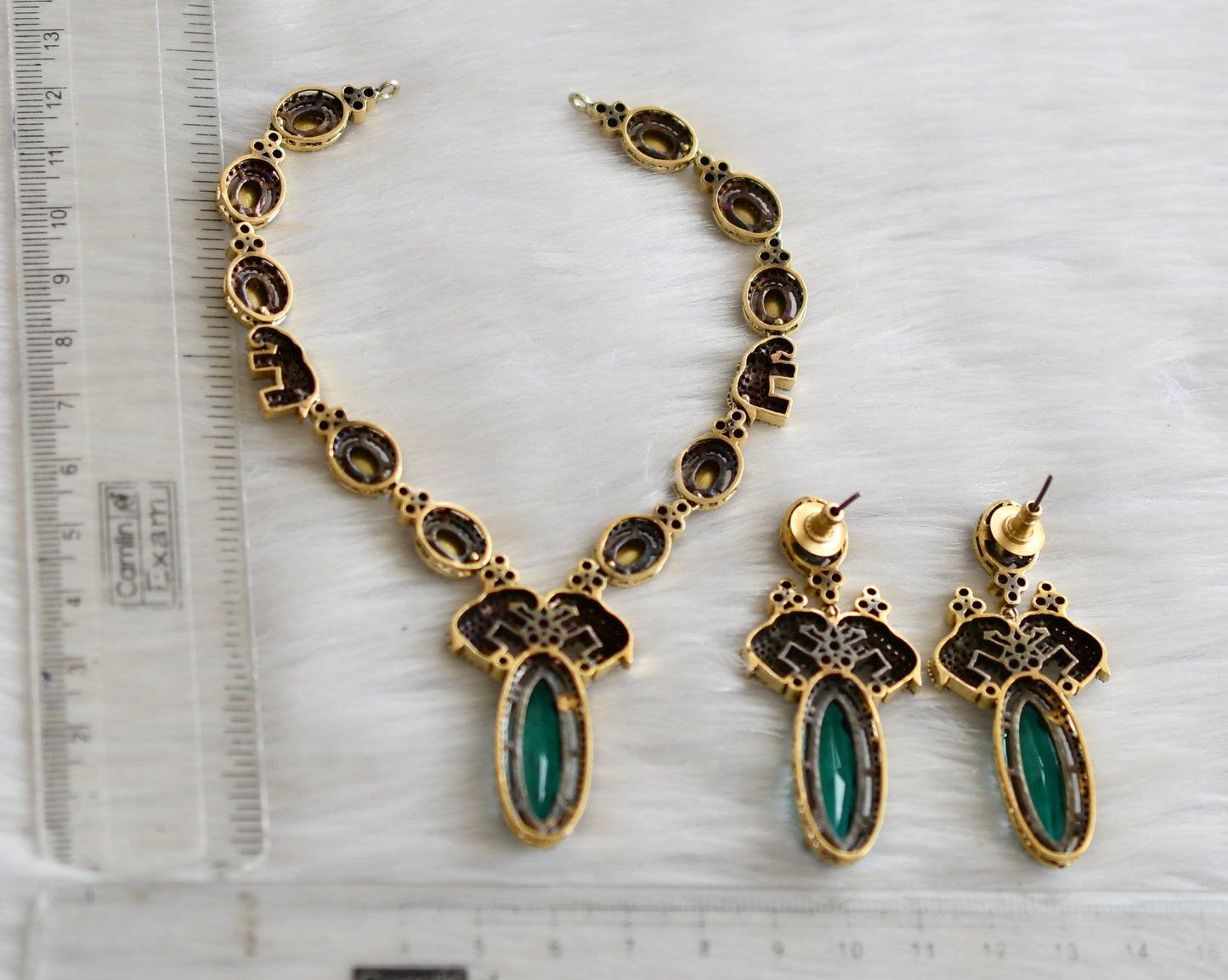 Antique cz peacock green victorian Elephant necklace set dj-41505