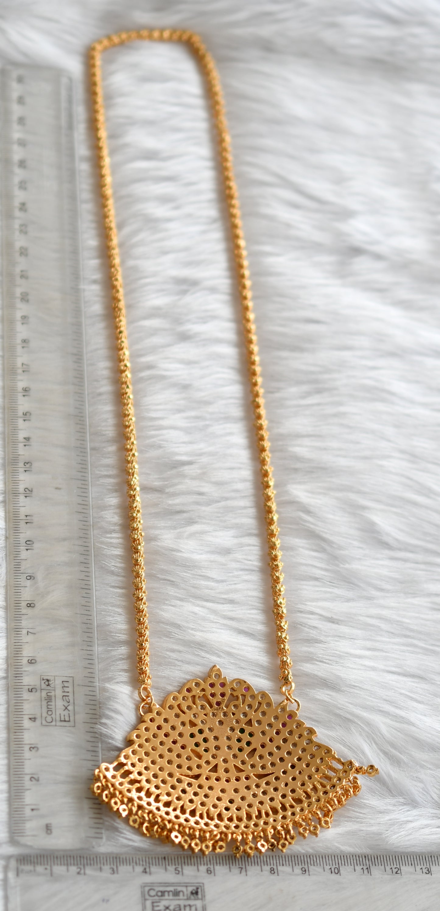 Gold tone ruby-white-emerald big swan south Indian pendant with chain dj-38794