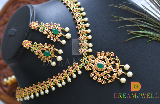 Gold tone ruby-emerald pearl peacock short haar set dj-11459