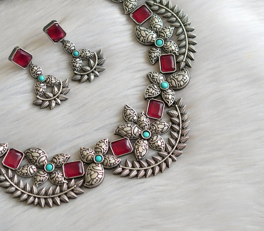 Oxidised silver tone ruby-sky blue stone necklace set dj-41502