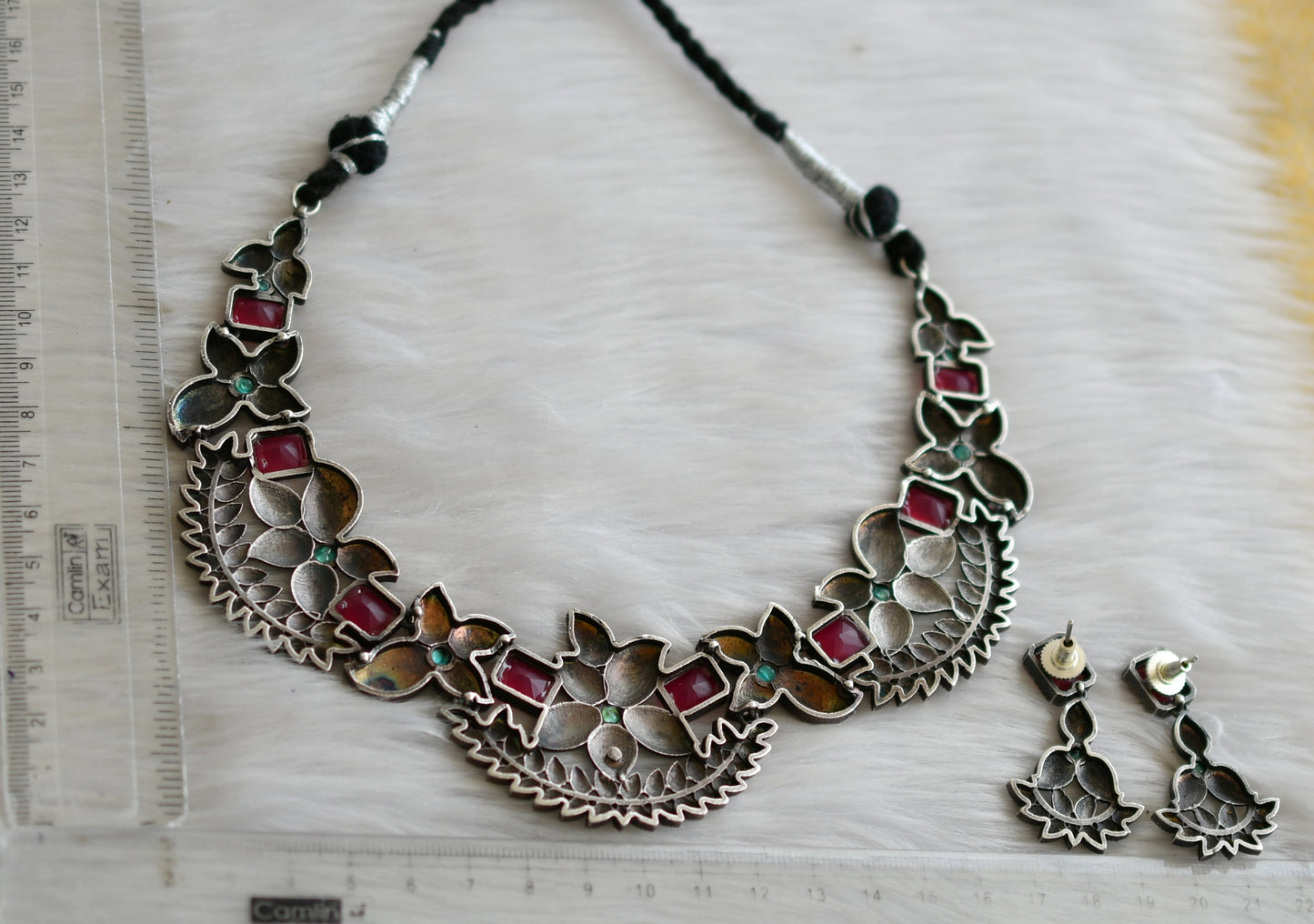 Oxidised silver tone ruby-sky blue stone necklace set dj-41502