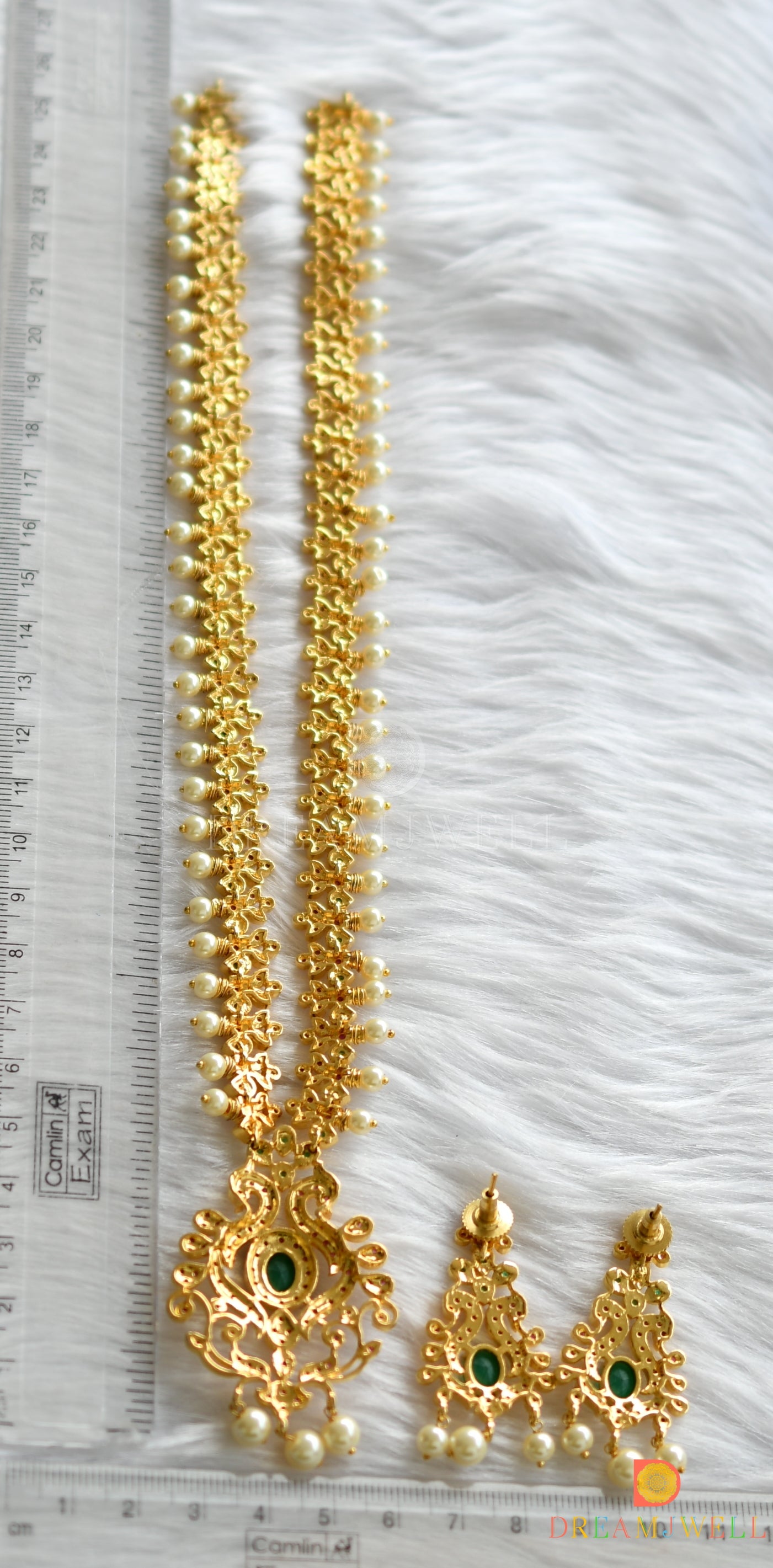 Gold tone ruby-emerald pearl peacock short haar set dj-11459