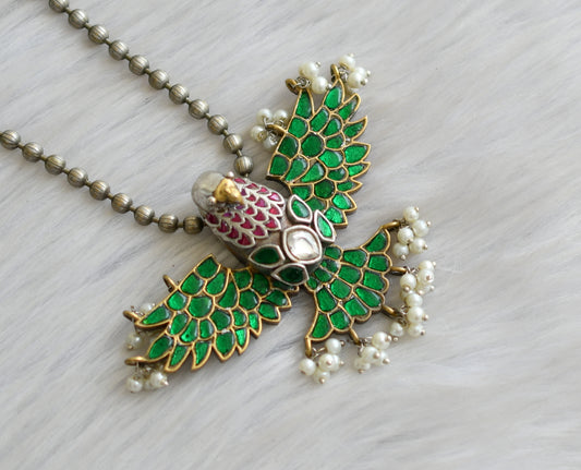 Oxidised silver tone red-white-green kundan jadau stone Garuda haar dj-41494