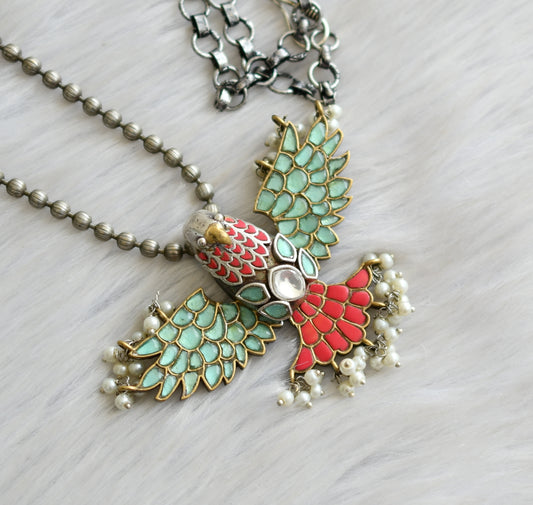 Oxidised silver tone sea green-orange-white kundan jadau stone Garuda haar dj-41495
