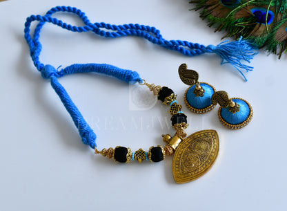 Antique sky blue-black silk thread necklace set dj-35747