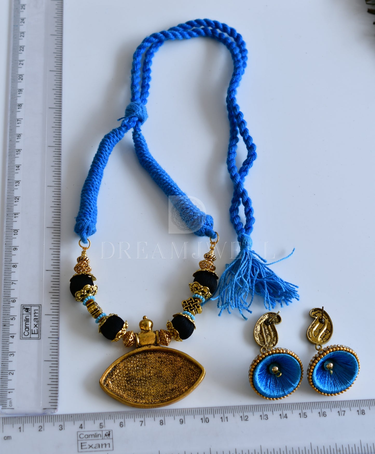 Antique sky blue-black silk thread necklace set dj-35747