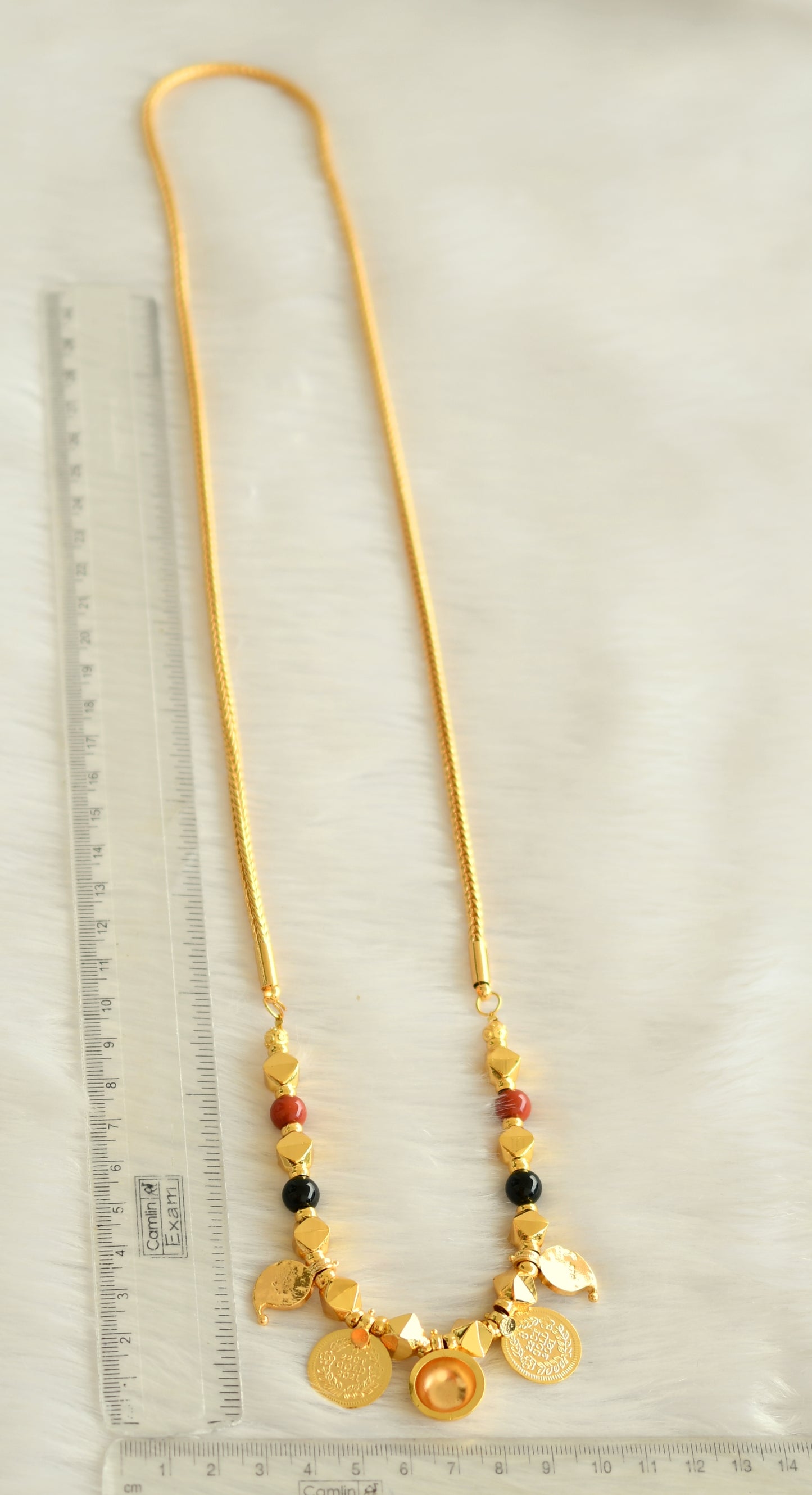 Gold tone pink-green mango Lakshmi coin coral-black beads bottu mangalyam dj-40131