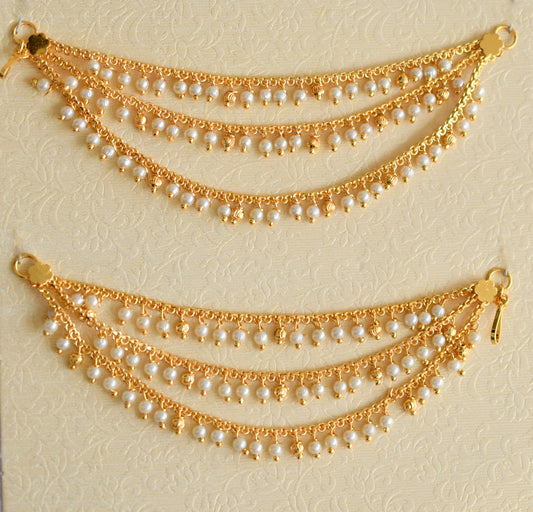 Gold tone pearl cluster multi layer earrings side chain dj-41476