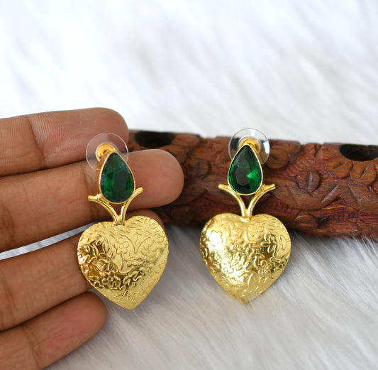 Gold tone green stone heart earrings dj-38811