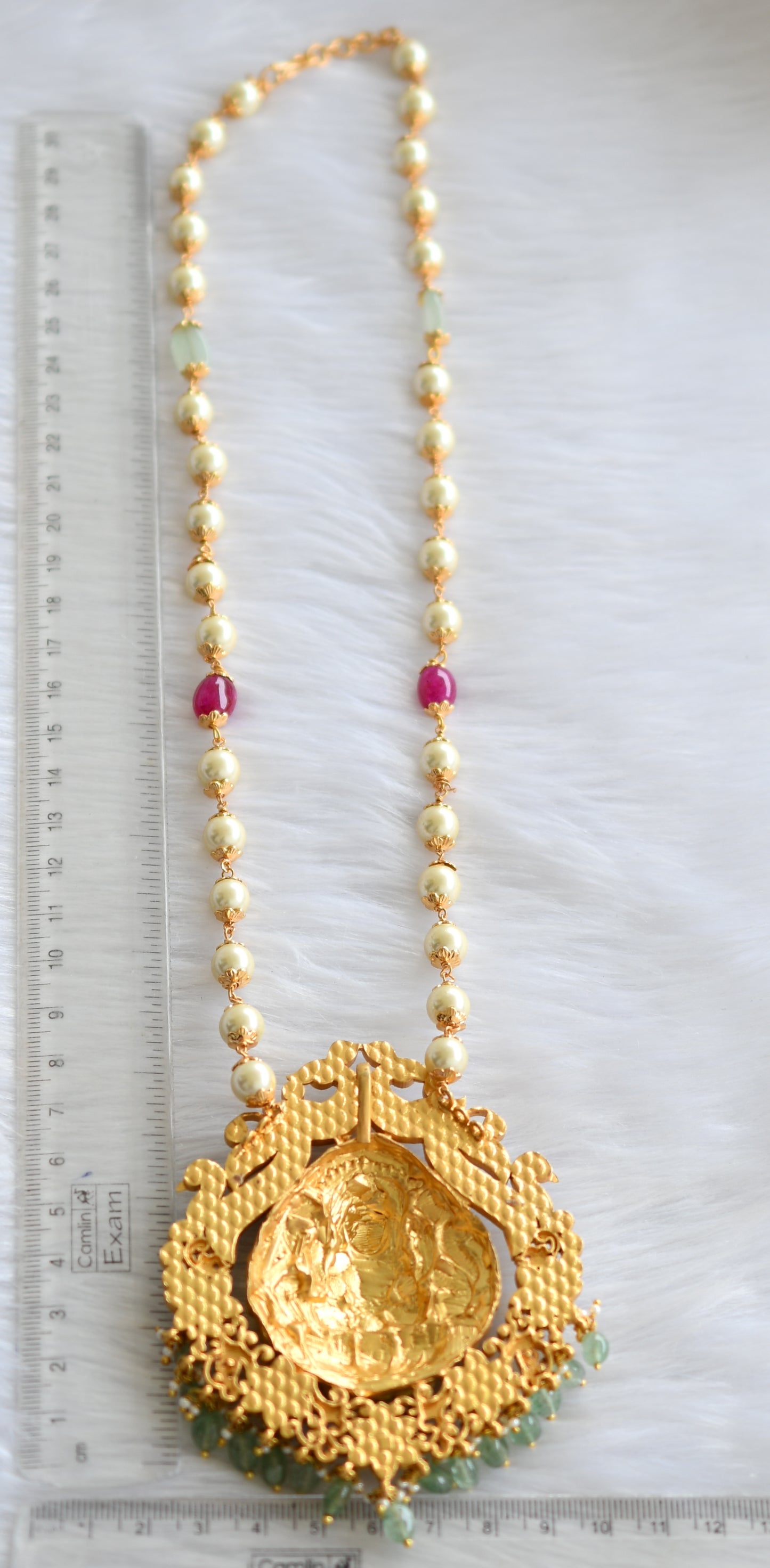 Gold tone pink-green-white kundan jadau big Lakshmi-peacock pendant necklace dj-39554