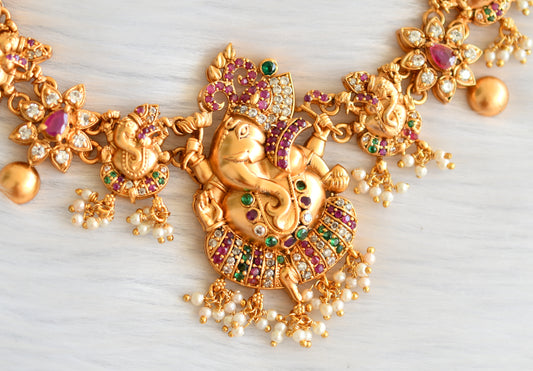 Matte finish ruby-green ganesha necklace set dj-26194