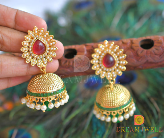 Antique trendy pearl finish pink-green jhumkkas dj-01568