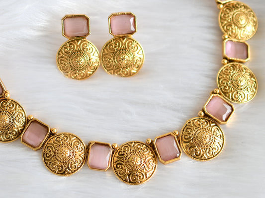 Antique baby pink block stone necklace set dj-34707