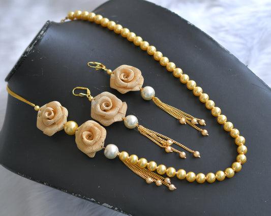 Gold tone pearl rose necklace set dj-01978