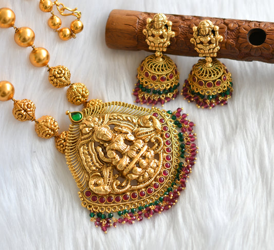 Matte finish ruby-green Lakshmi pendant beaded haar set dj-32422