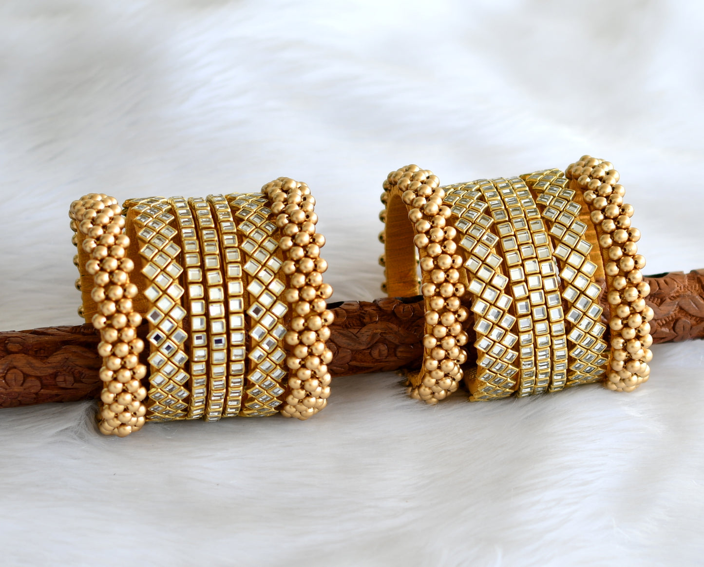 Gold tone silk thread white kundan set of 14 bangles (2.6) dj-40217