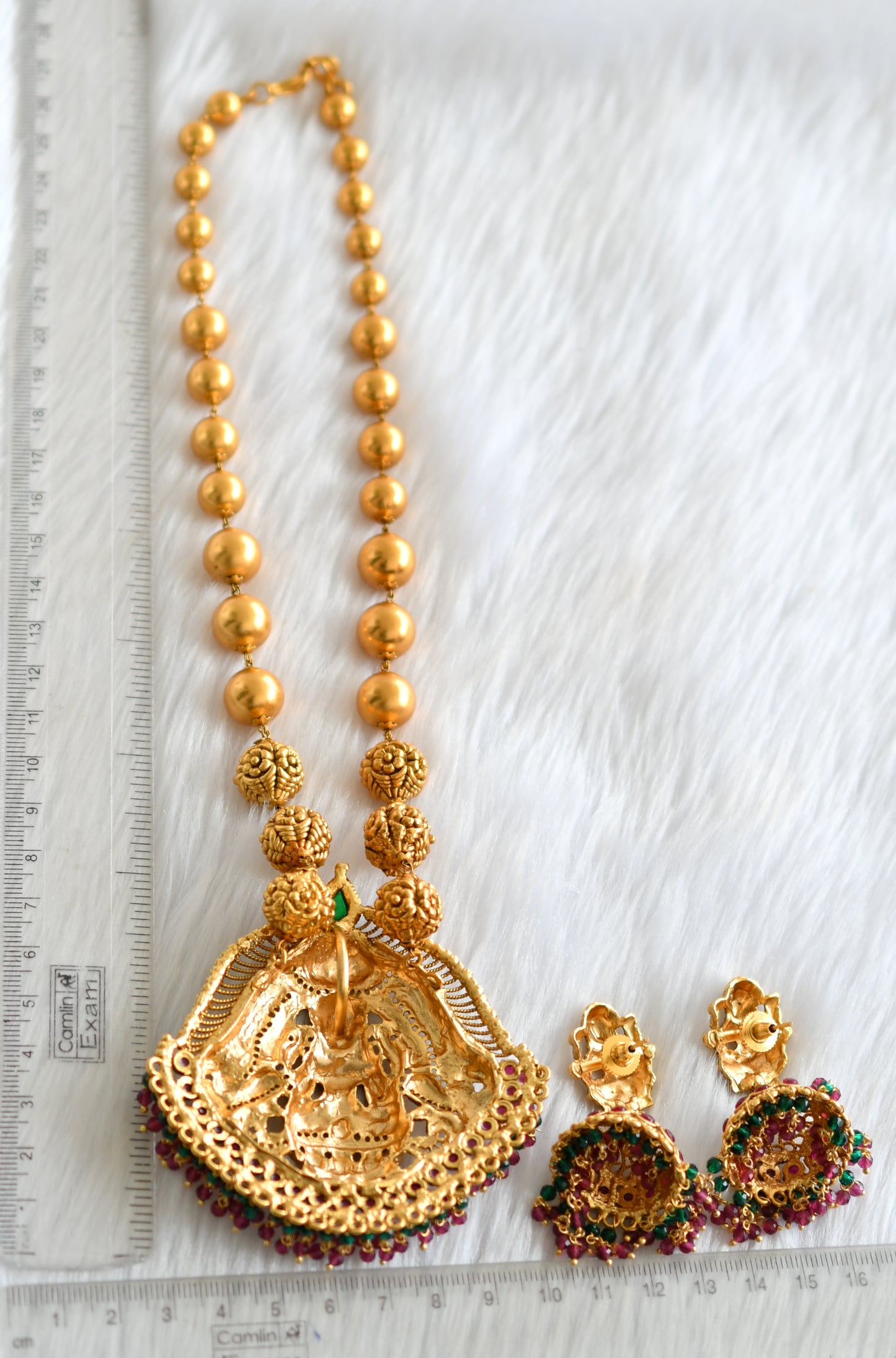 Matte finish ruby-green Lakshmi pendant beaded haar set dj-32422