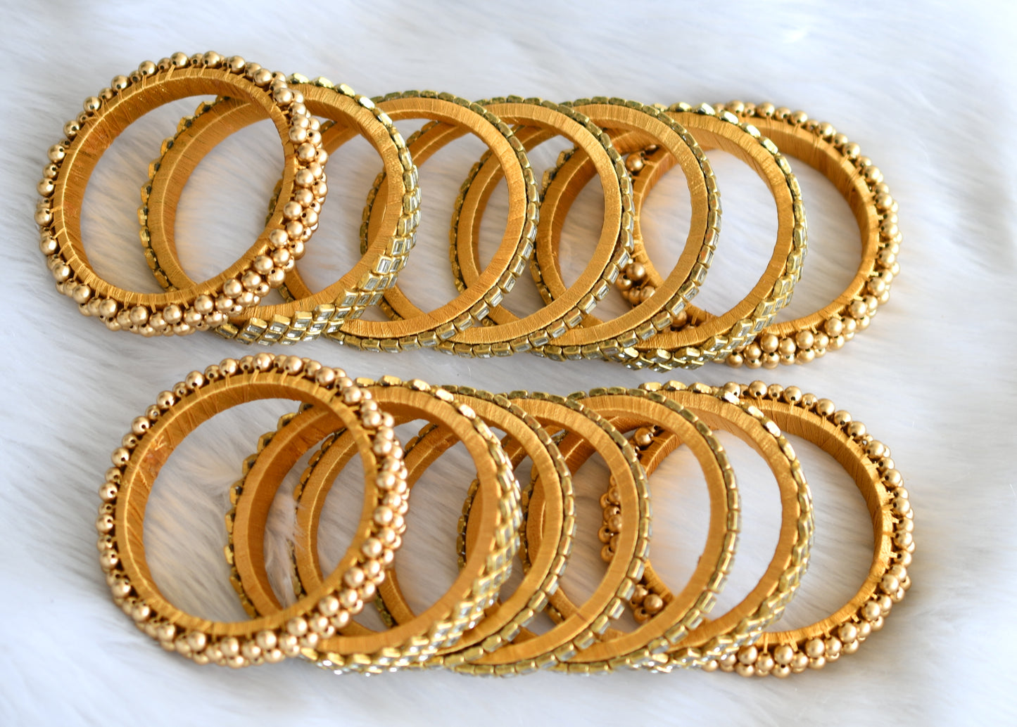 Gold tone silk thread white kundan set of 14 bangles (2.6) dj-40217
