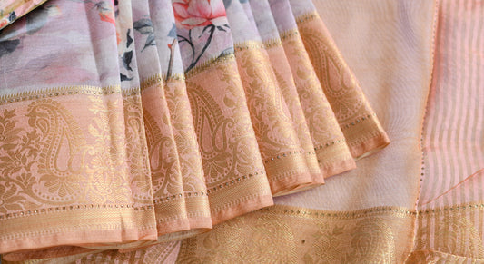Mango-flower baby pink-orange Heavy Assam silk weaved saree with digital print saree dj-38828