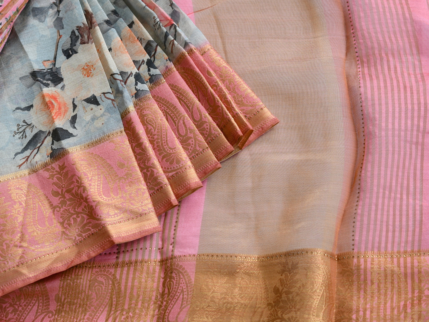 Mango-flower baby pink-grey Heavy Assam silk weaved saree with digital print saree dj-38829