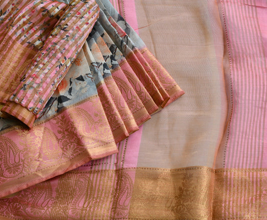 Mango-flower baby pink-grey Heavy Assam silk weaved saree with digital print saree dj-38829