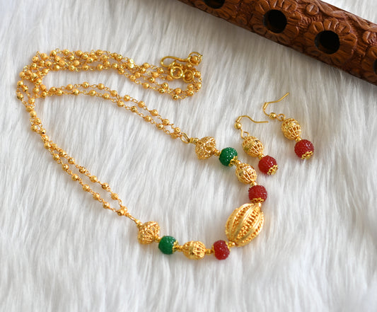 Gold tone handmade maroon-green balls necklace set dj-02572