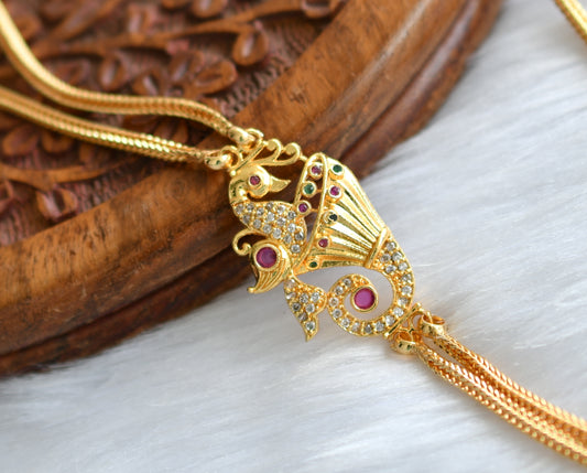 Gold tone ruby-green-white peacock double layer mugappu chain dj-38862