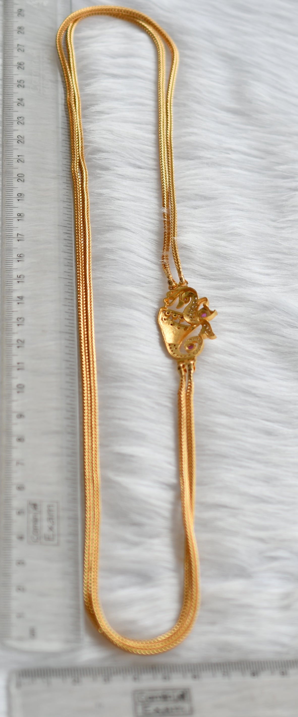 Gold tone ruby-green-white peacock double layer mugappu chain dj-38862