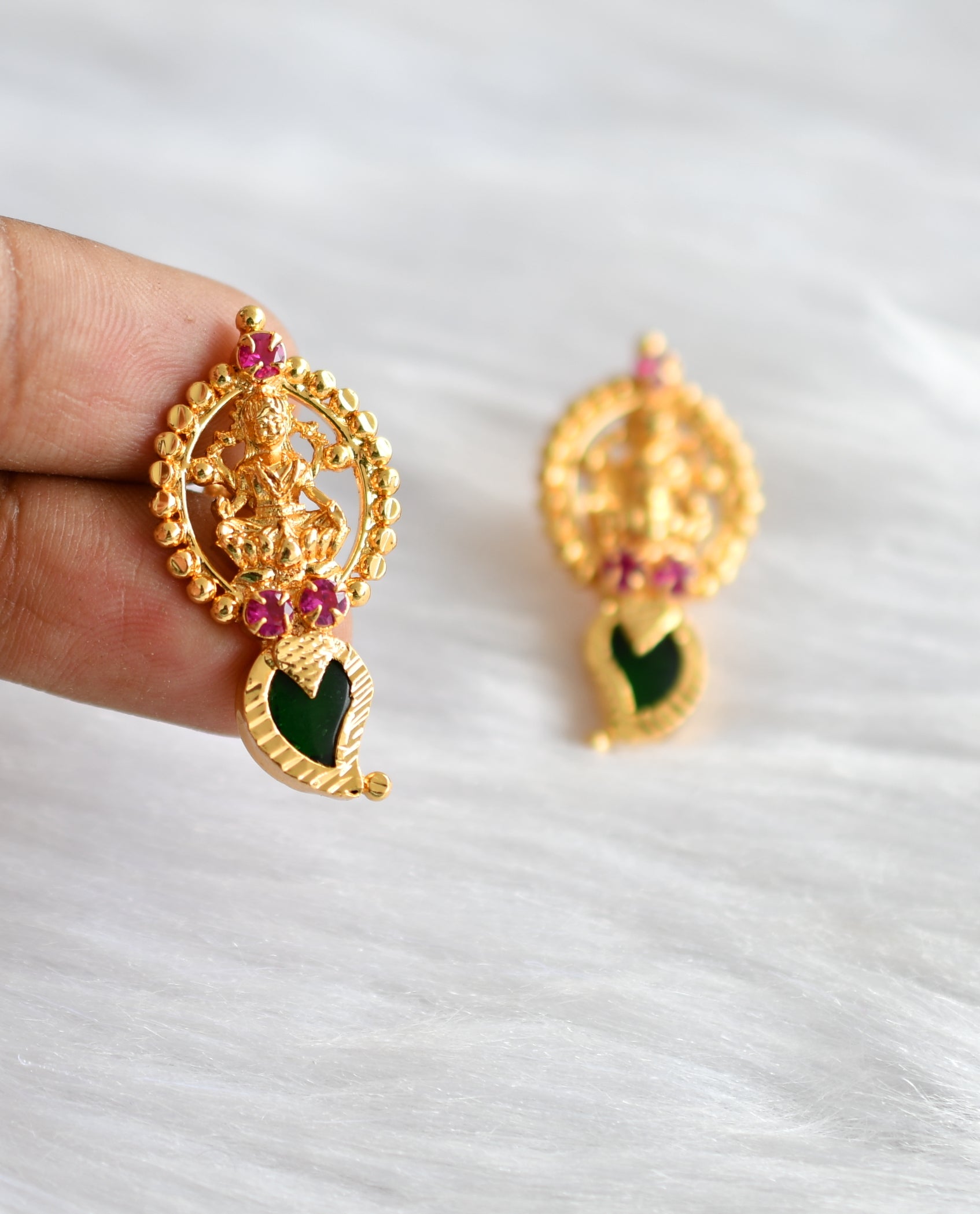 Gold tone pink-green stone mango-Lakshmi Kerala style stud/earrings dj-38856